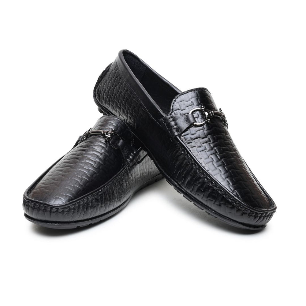 Hayes London | Torque Driving Loafers – Black Woven Embossed Genuine Leather Men’s Shoes