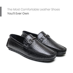 Hayes London | Torque Driving Loafers – Black Woven Embossed Genuine Leather Men’s Shoes