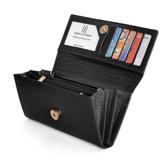 Hayes London | Black Genuine Leather Bi-Fold Clutch For Women (Leather Texture: Croco & Color: Black)