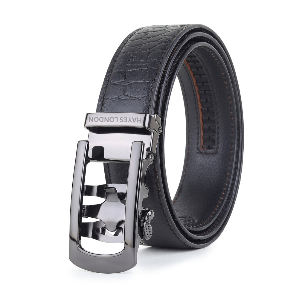Hayes London | Auto-Lock Genuine Leather Black Belt for Men | Premium Micro-Adjustable No-Hole Belt (Leather Texture: Croco)