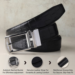 Hayes London | Sparta Silver Auto-Lock No-Hole Genuine Leather Belt for Men – Micro-Adjustable Smart Ratchet Belt for Formal & Business Wear (Textured Black)
