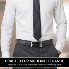 Hayes London | Vanguard Silver Auto-Lock No-Hole Genuine Leather Belt for Men – Micro-Adjustable Smart Ratchet Belt for Formal & Business Wear (Plain Black)