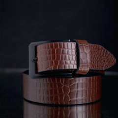 Hayes London | Brown Croco Pattern Genuine Leather Men's Belt (Leather Texture: Croco Pattern & Buckle Color: Black)