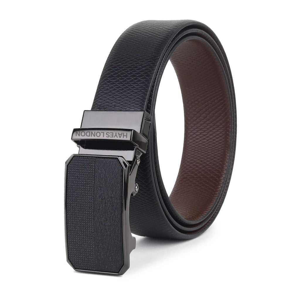 Hayes London | Italian Leather Reversible Black & Brown Auto-Lock Belt for Men, Micro-Adjustable No-Hole Belt (Leather Texture: Viper)