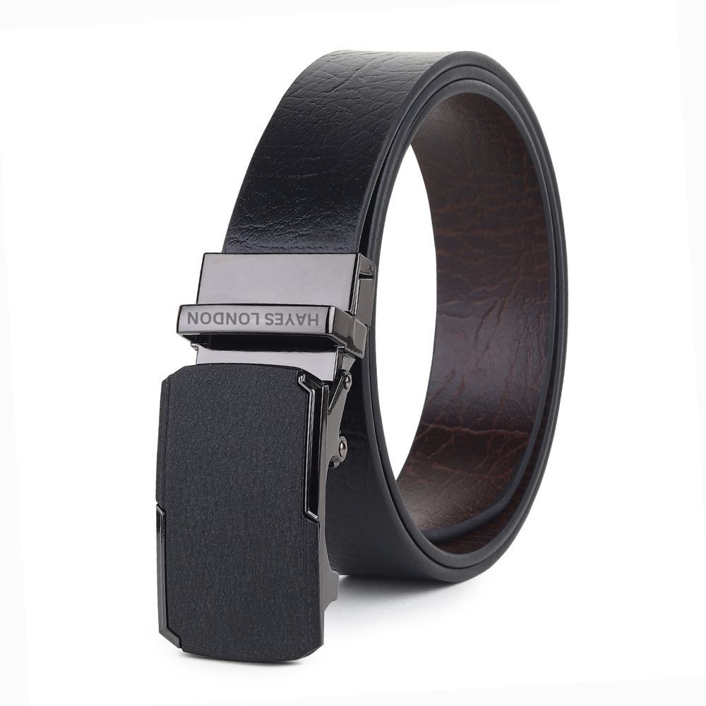 Hayes London | Reversible Black & Brown Genuine Leather Auto-Lock Belt for Men, Micro-Adjustable No-Hole Belt (Leather Texture: Wild)
