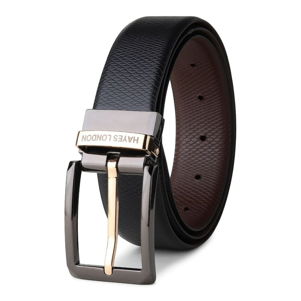 Hayes London | Italian Leather Reversible Black & Brown Belt For Men with Black & Gold Buckle (Leather Texture: Viper)