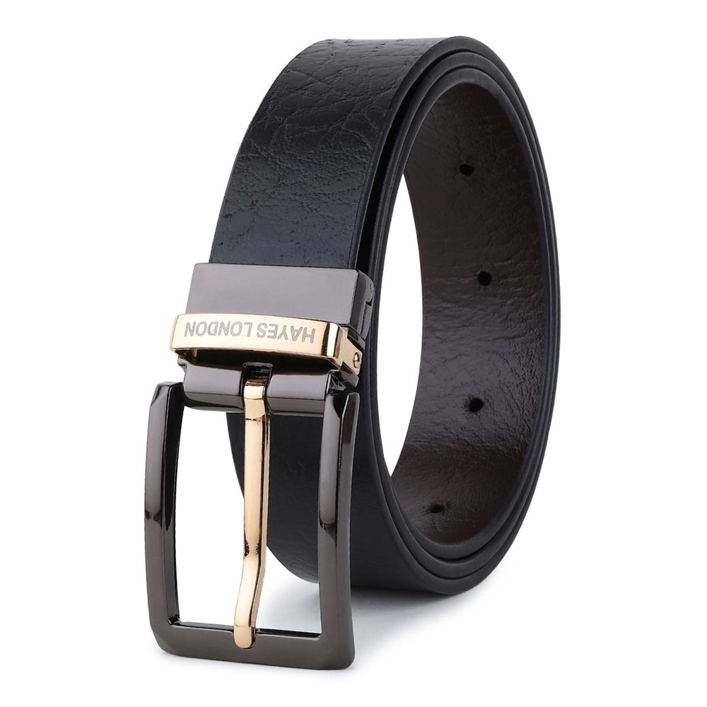 Hayes London | Reversible Black & Brown Genuine Leather Belt For Men with Black & Gold Buckle (Leather Texture: Wild)