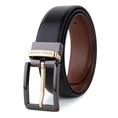 Hayes London | Italian Leather Reversible Black & Brown Belt For Men with Black & Gold Buckle (Leather Texture: Plain)