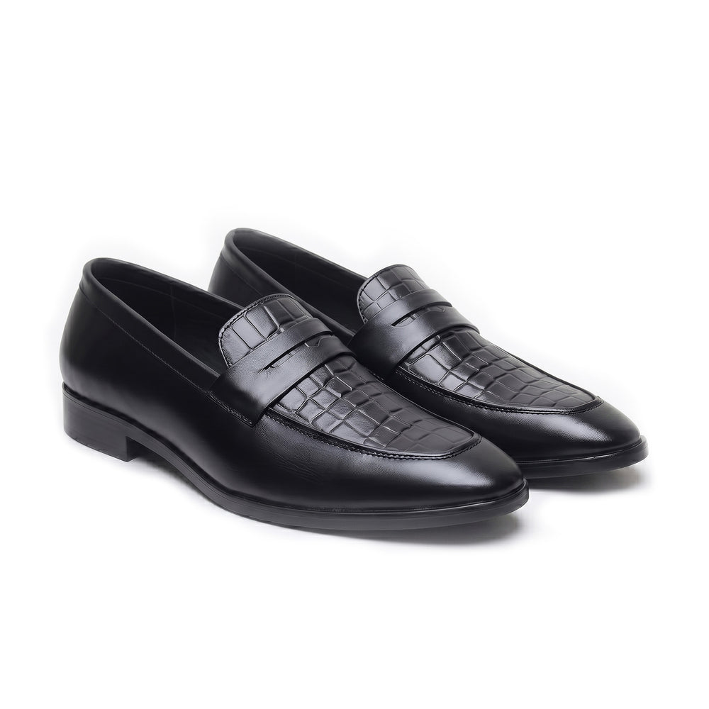Hayes London | Milan Black Formal Penny Loafers for Men – Genuine Leather Croco Slip-On Shoes for Office & Party Wear