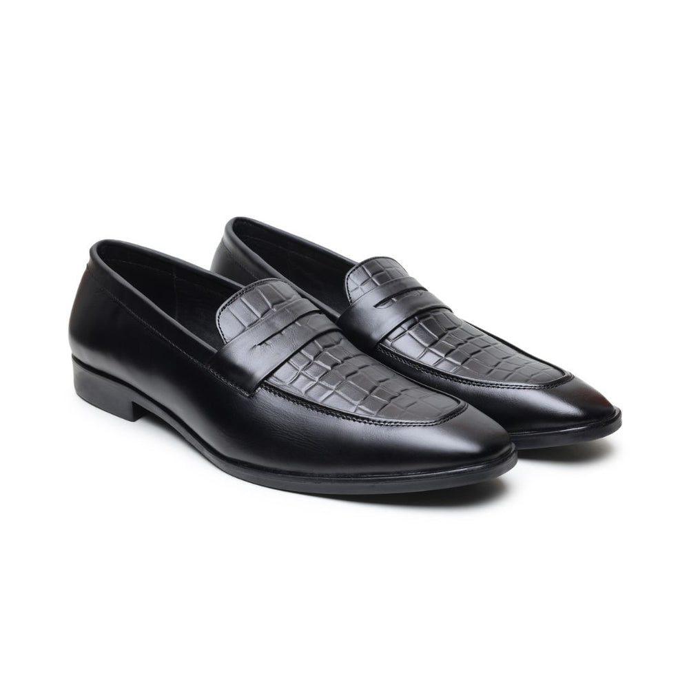 Hayes London | Milan Black Formal Penny Loafers for Men – Genuine Leather Croco Slip-On Shoes for Office & Party Wear