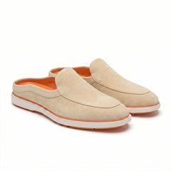 Riviera Beige - Italian Suede Leather Backless Slip-On Mule Loafers for Men – Casual Summer-Walk Half Shoes