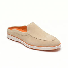Riviera Beige - Italian Suede Leather Backless Slip-On Mule Loafers for Men – Casual Summer-Walk Half Shoes
