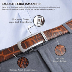 Hayes London | Atlas Brown Croco Genuine Leather Auto-Lock Belt for Men – Silver Buckle, Micro-Adjustable Fit