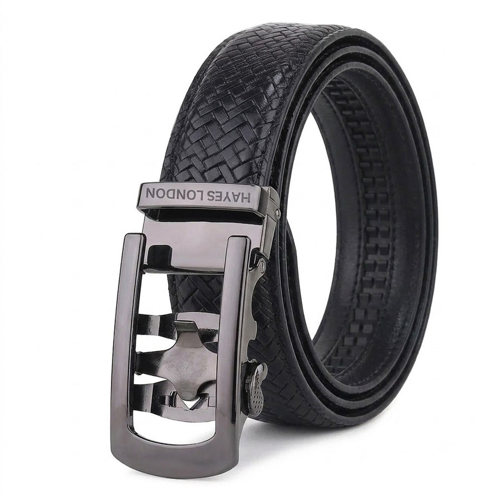 Hayes London | Cosmos Black Genuine Leather Auto-Lock Belt for Men – Grey Buckle, Micro-Adjustable Fit