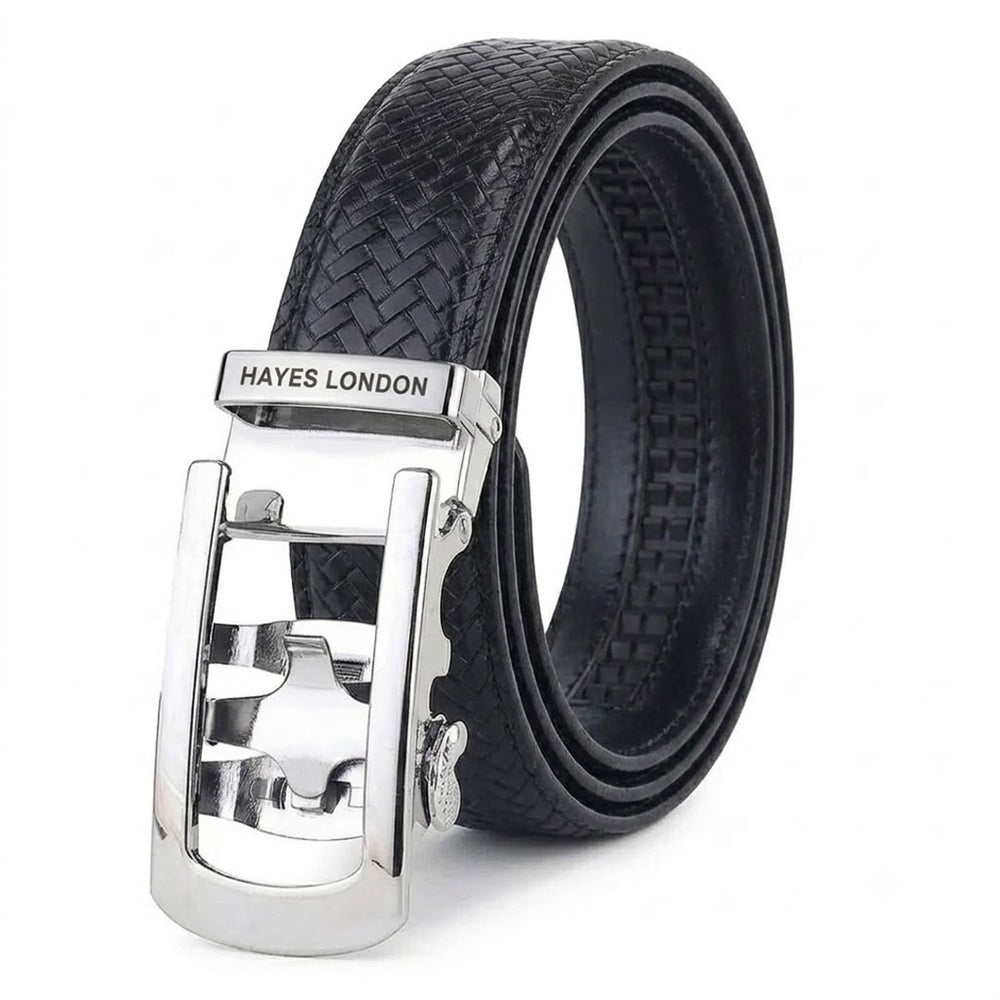 Hayes London | Cosmos Black Genuine Leather Auto-Lock Belt for Men – Silver Buckle, Micro-Adjustable Fit