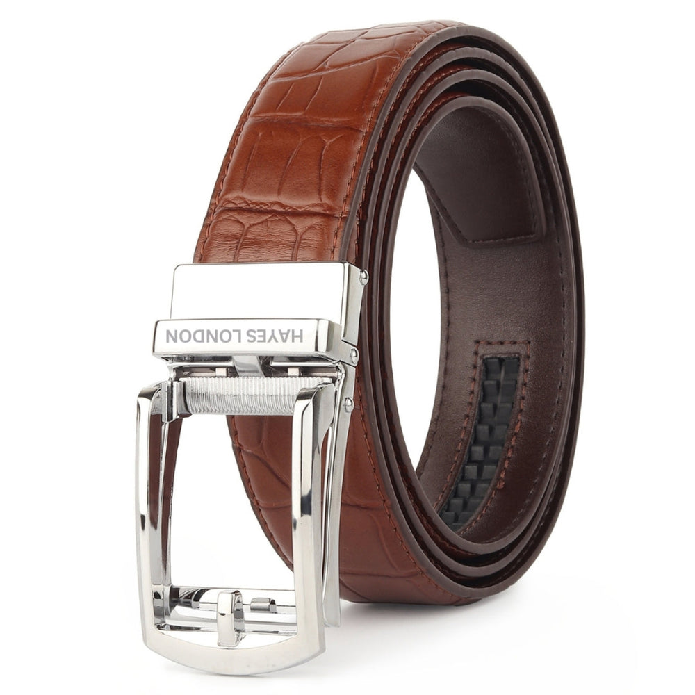 Hayes London | Sparta Auto-Lock No-Hole Genuine Leather Belt for Men – Micro-Adjustable Smart Ratchet Belt for Formal, Office & Casual Wear (Croco Brown Leather & Silver Buckle)