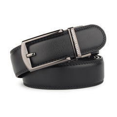 Hayes London | Vanguard Auto-Lock No-Hole Genuine Leather Belt for Men – Micro-Adjustable Smart Ratchet Belt for Formal, Office & Casual Wear (Plain Black Leather & Grey Buckle)