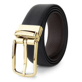 Hayes London Italian leather reversible black and brown men’s belt with viper texture and luxury gold buckle on white background