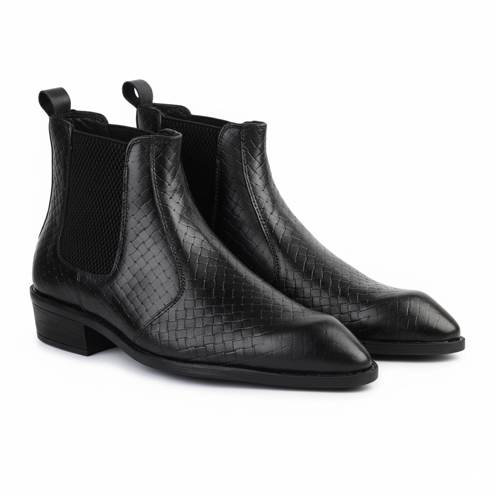 Hayes London | Kingsley Cuban Heel Boots – Black Textured Genuine Leather Men’s Boots (2.5-Inch Heel & Tapered Toe Design)