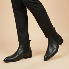 Hayes London | Kingsley Cuban Heel Boots – Black Textured Genuine Leather Men’s Boots (2.5-Inch Heel & Tapered Toe Design)
