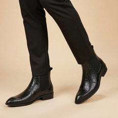 Hayes London | Pablo Cuban Heel Boots – Black Croco-Textured Genuine Leather Men’s Boots (2.5-Inch Heel & Tapered Toe Design)