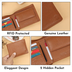 Hayes London | Signature Tan Genuine Leather Textured Wallet for Men - RFID Blocking, Slim Bifold Wallet with 8 Compartments