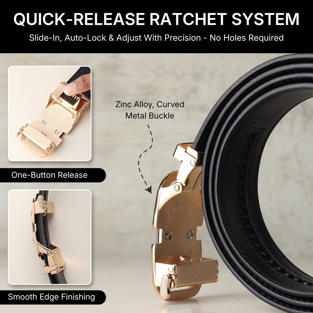 Hayes London | Vanguard Auto-Lock No-Hole Genuine Leather Belt for Men – Micro-Adjustable Smart Ratchet Belt for Formal & Business Wear (Plain Black with Gold Buckle)