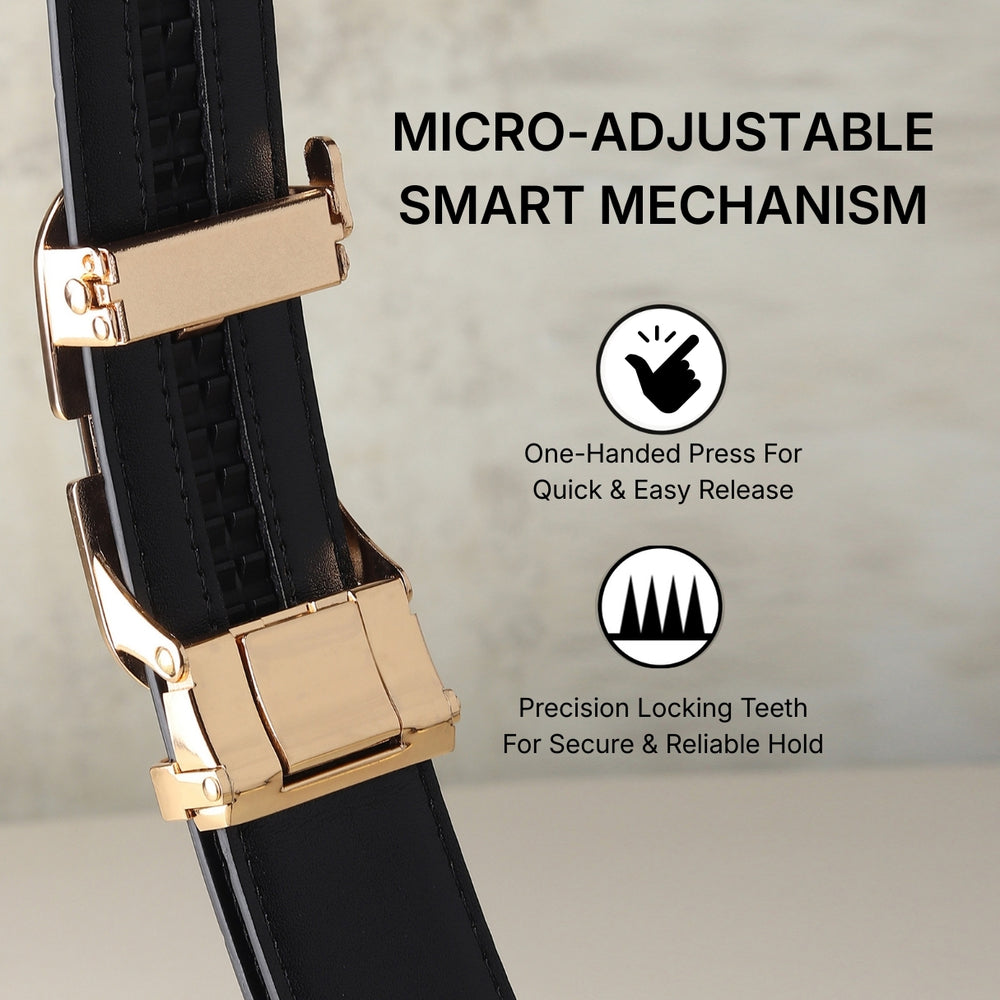 Hayes London | Vanguard Auto-Lock No-Hole Genuine Leather Belt for Men – Micro-Adjustable Smart Ratchet Belt for Formal & Business Wear (Plain Black with Gold Buckle)