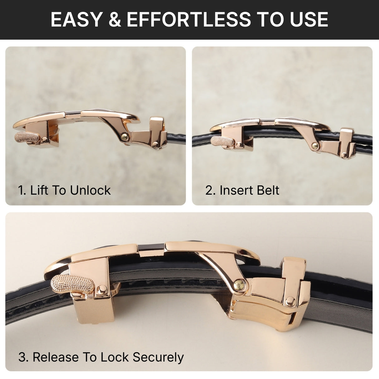 Hayes London | Vanguard Auto-Lock No-Hole Genuine Leather Belt for Men – Micro-Adjustable Smart Ratchet Belt for Formal & Business Wear (Plain Black with Gold Buckle)