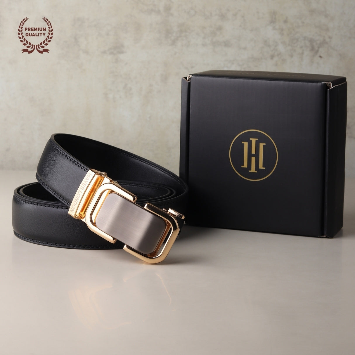 Hayes London | Vanguard Auto-Lock No-Hole Genuine Leather Belt for Men – Micro-Adjustable Smart Ratchet Belt for Formal & Business Wear (Plain Black with Gold Buckle)