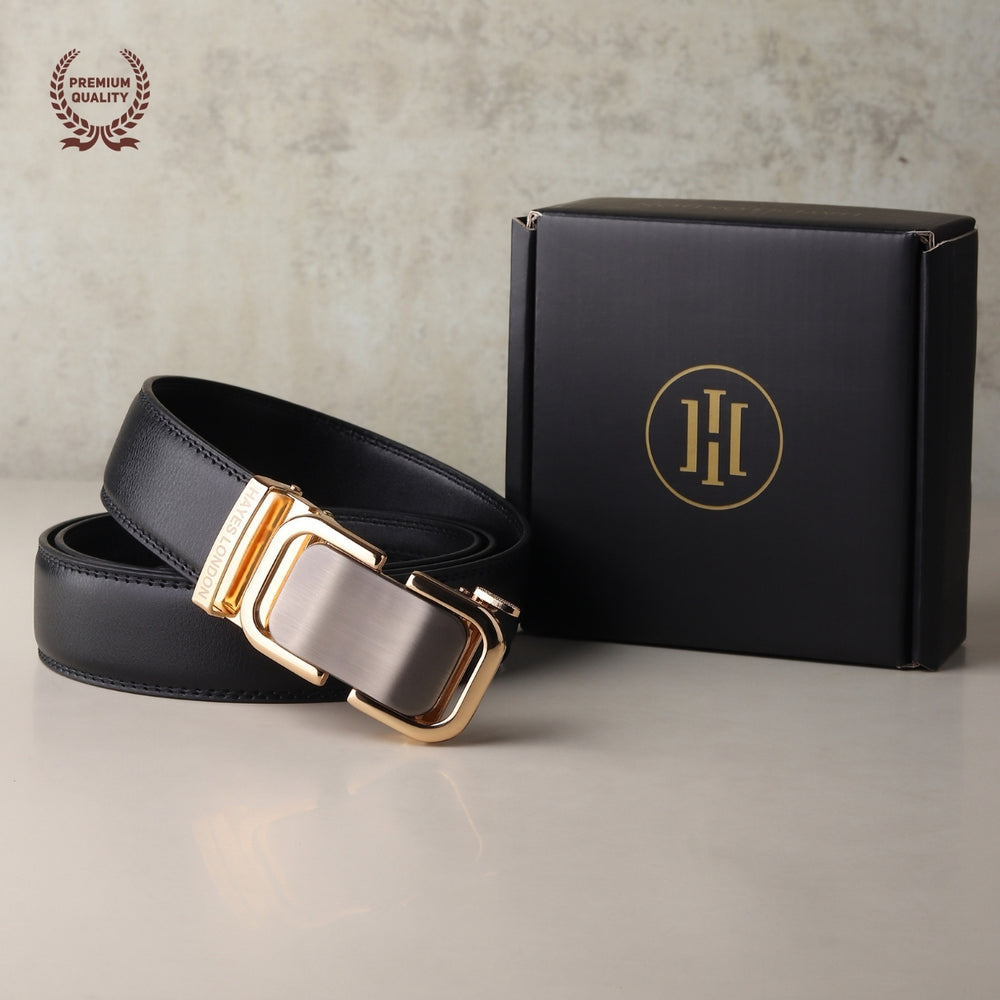 Hayes London | Vanguard Auto-Lock No-Hole Genuine Leather Belt for Men – Micro-Adjustable Smart Ratchet Belt for Formal & Business Wear (Plain Black with Gold Buckle)