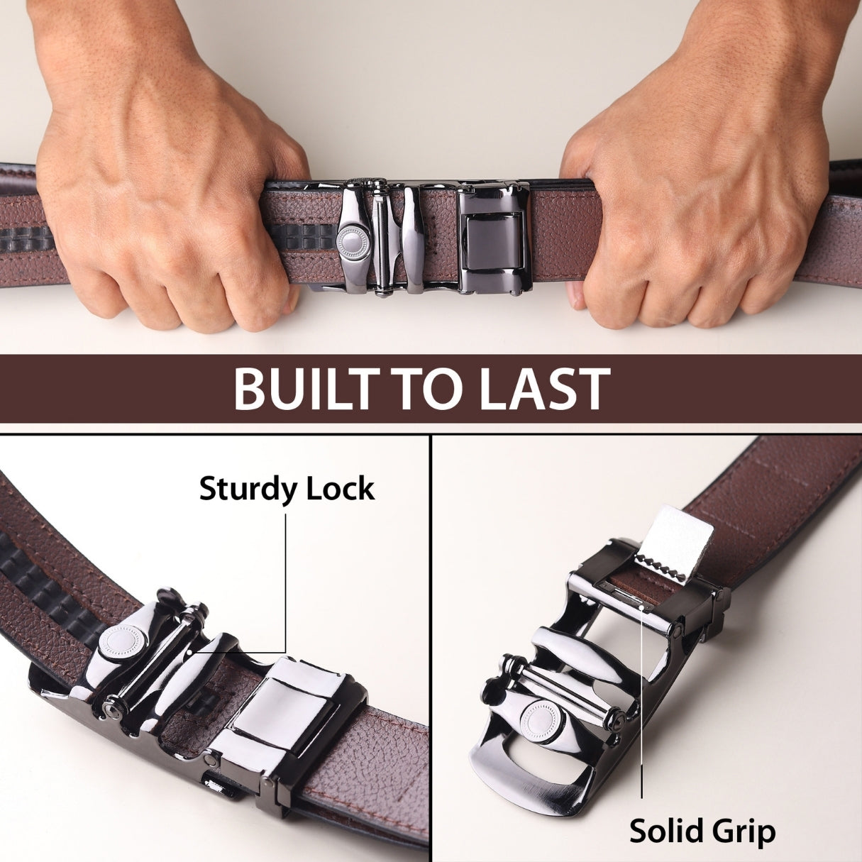 Hayes London | Auto-Lock Genuine Leather Brown Belt for Men | Premium Micro-Adjustable No-Hole Belt (Leather Texture: Plain)