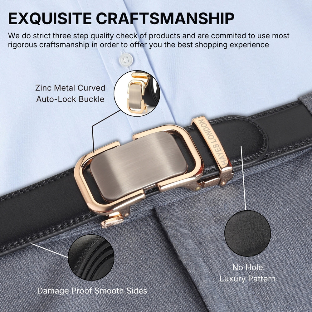 Hayes London | Vanguard Auto-Lock No-Hole Genuine Leather Belt for Men – Micro-Adjustable Smart Ratchet Belt for Formal & Business Wear (Plain Black with Gold Buckle)