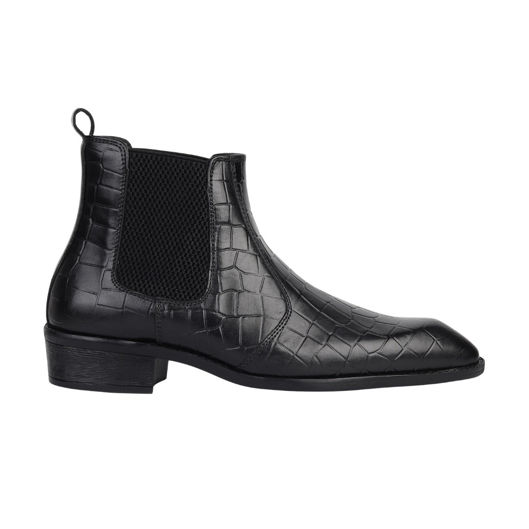 Hayes London | Pablo Cuban Boots – Black Croco-Textured Genuine Leather Men’s Boots (2-Inch Heel & Tapered Toe Design)