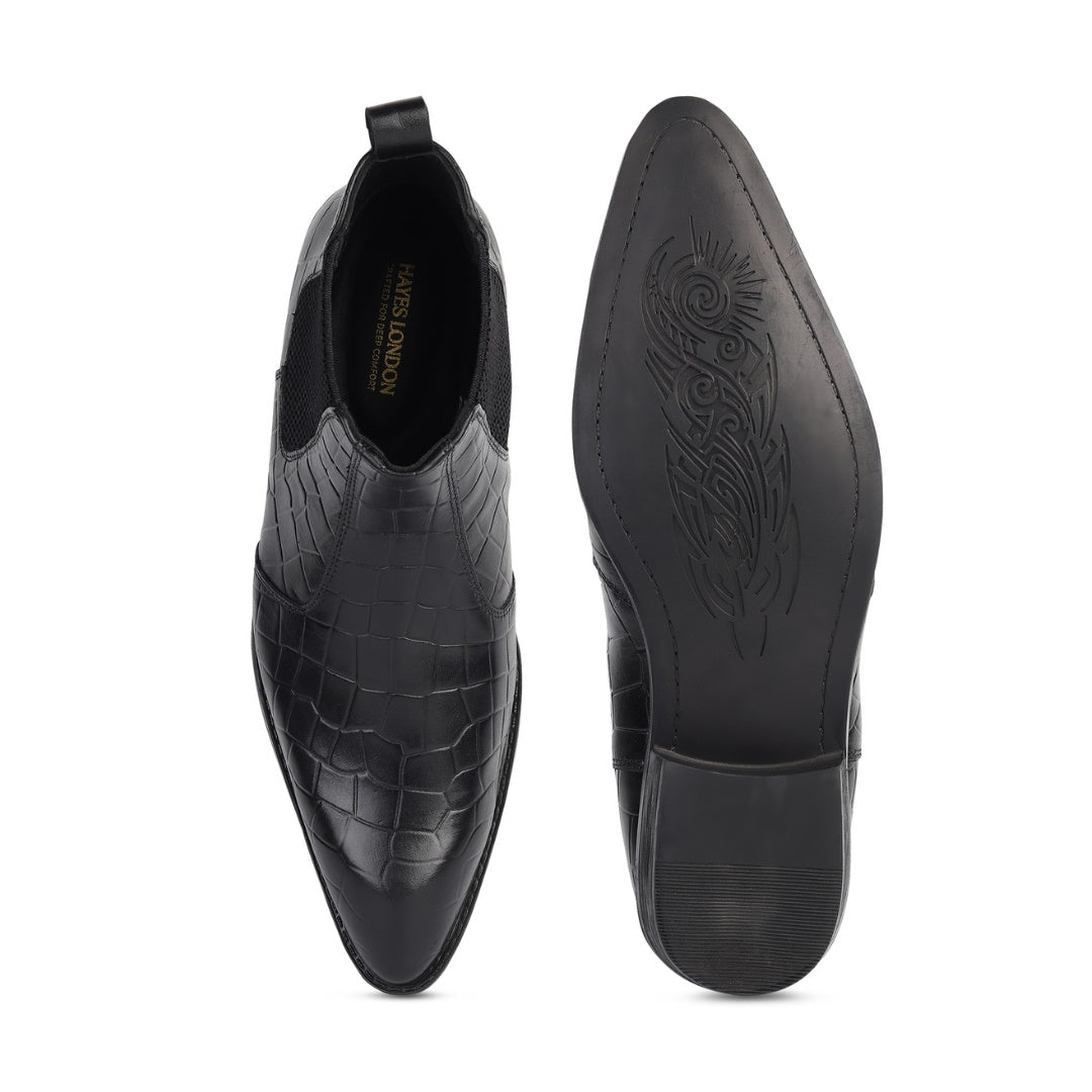 Hayes London | Pablo Cuban Boots – Black Croco-Textured Genuine Leather Men’s Boots (2-Inch Heel & Tapered Toe Design)