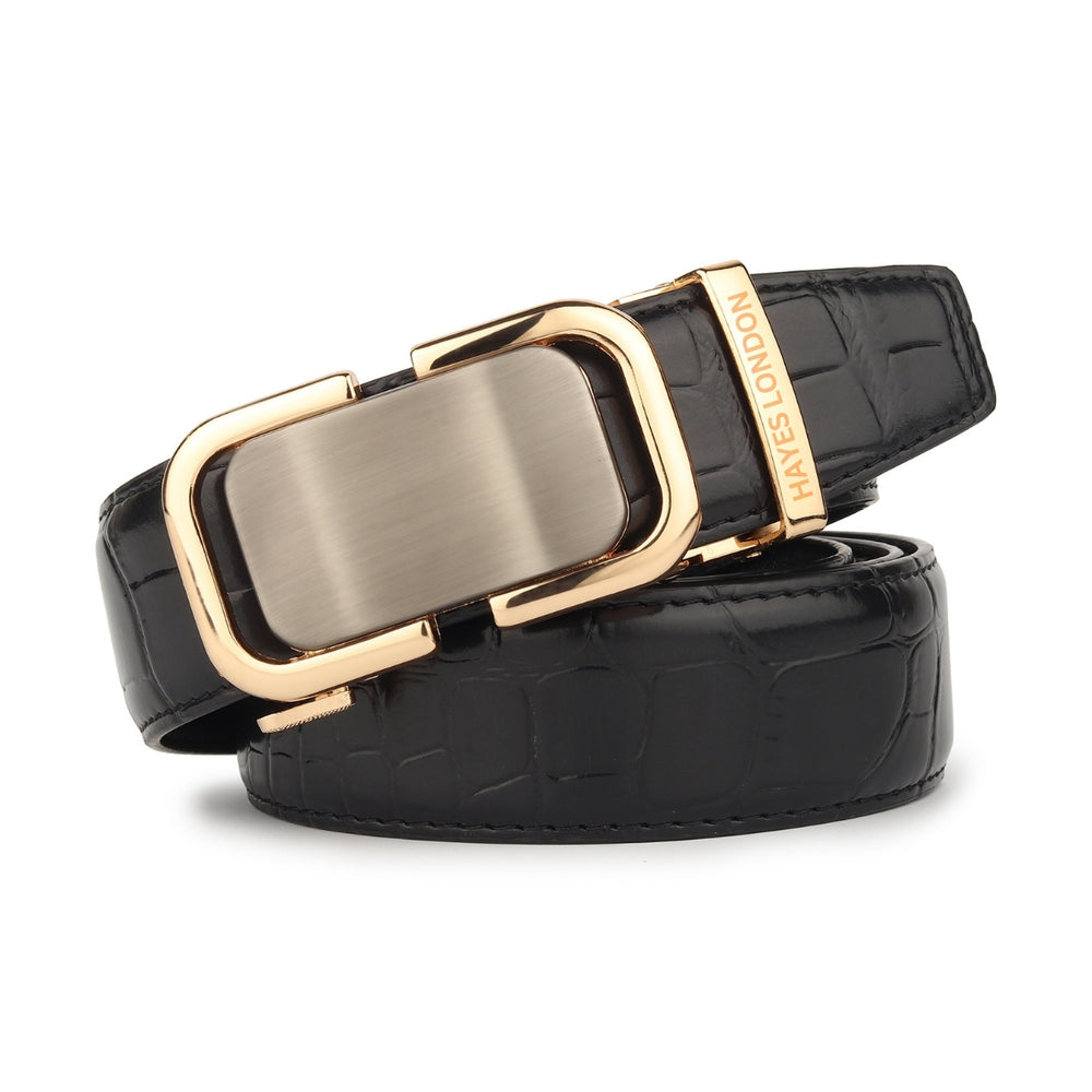 Hayes London | Sparta Auto-Lock No-Hole Genuine Leather Belt for Men – Micro-Adjustable Smart Ratchet Belt for Formal & Business Wear (Textured Black with Gold Buckle)