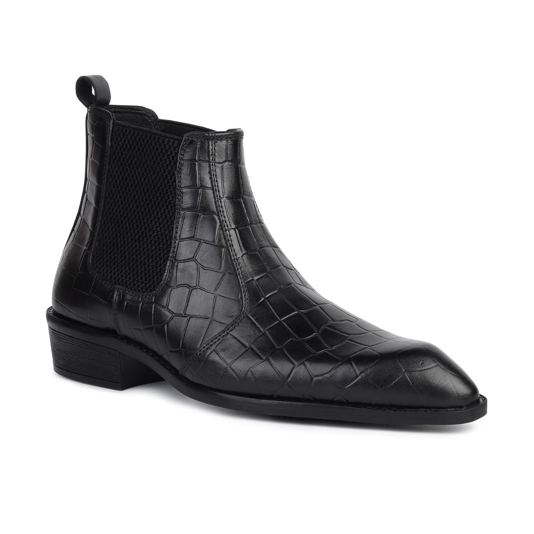 Hayes London | Pablo Cuban Boots – Black Croco-Textured Genuine Leather Men’s Boots (2-Inch Heel & Tapered Toe Design)