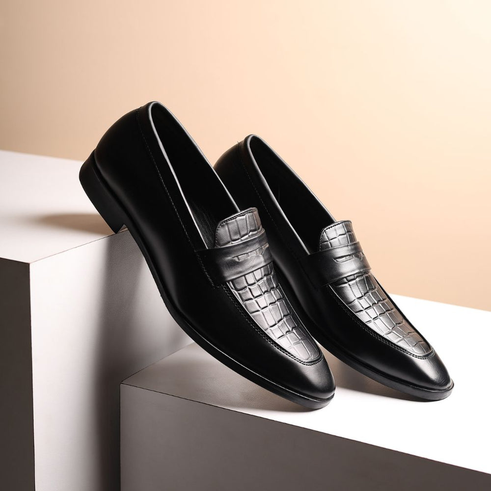Hayes London | Milan Black Formal Penny Loafers for Men – Genuine Leather Croco Slip-On Shoes for Office & Party Wear