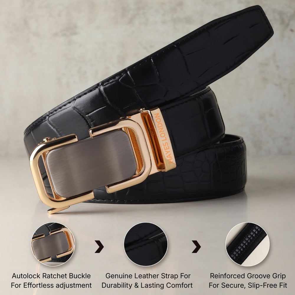 Hayes London | Sparta Auto-Lock No-Hole Genuine Leather Belt for Men – Micro-Adjustable Smart Ratchet Belt for Formal & Business Wear (Textured Black with Gold Buckle)