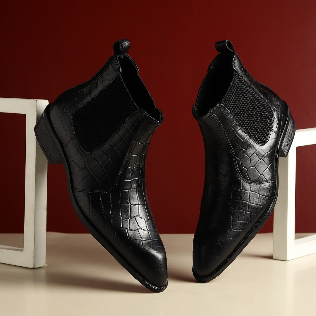 Hayes London | Pablo Cuban Boots – Black Croco-Textured Genuine Leather Men’s Boots (2-Inch Heel & Tapered Toe Design)