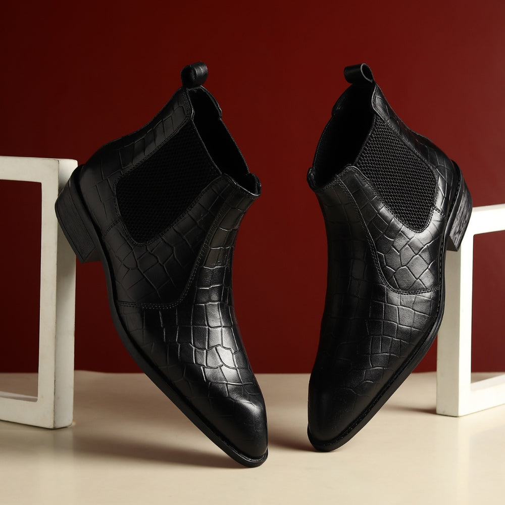 Hayes London | Pablo Cuban Boots – Black Croco-Textured Genuine Leather Men’s Boots (2-Inch Heel & Tapered Toe Design)