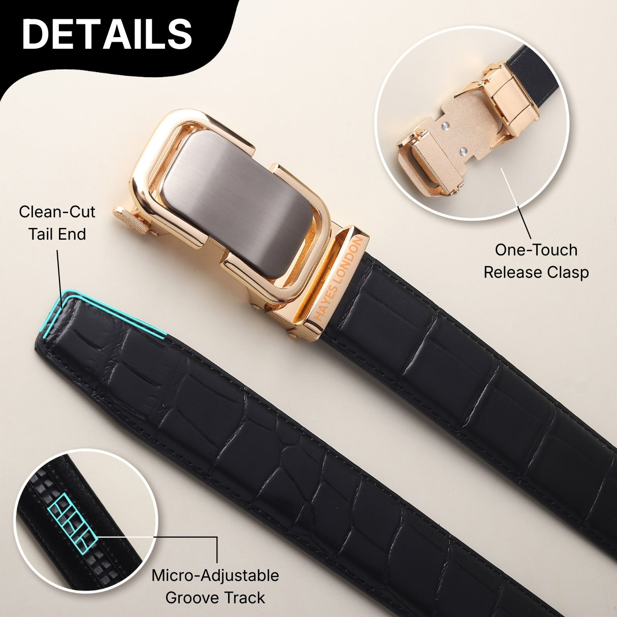 Hayes London | Sparta Auto-Lock No-Hole Genuine Leather Belt for Men – Micro-Adjustable Smart Ratchet Belt for Formal & Business Wear (Textured Black with Gold Buckle)