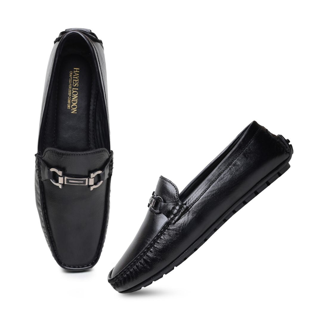 Hayes London | Belfort Driving Loafers – Black Plain Genuine Leather Men’s Shoes