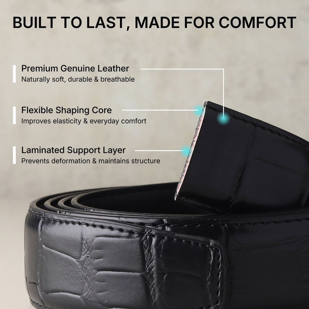 Hayes London | Sparta Auto-Lock No-Hole Genuine Leather Belt for Men – Micro-Adjustable Smart Ratchet Belt for Formal & Business Wear (Textured Black with Gold Buckle)