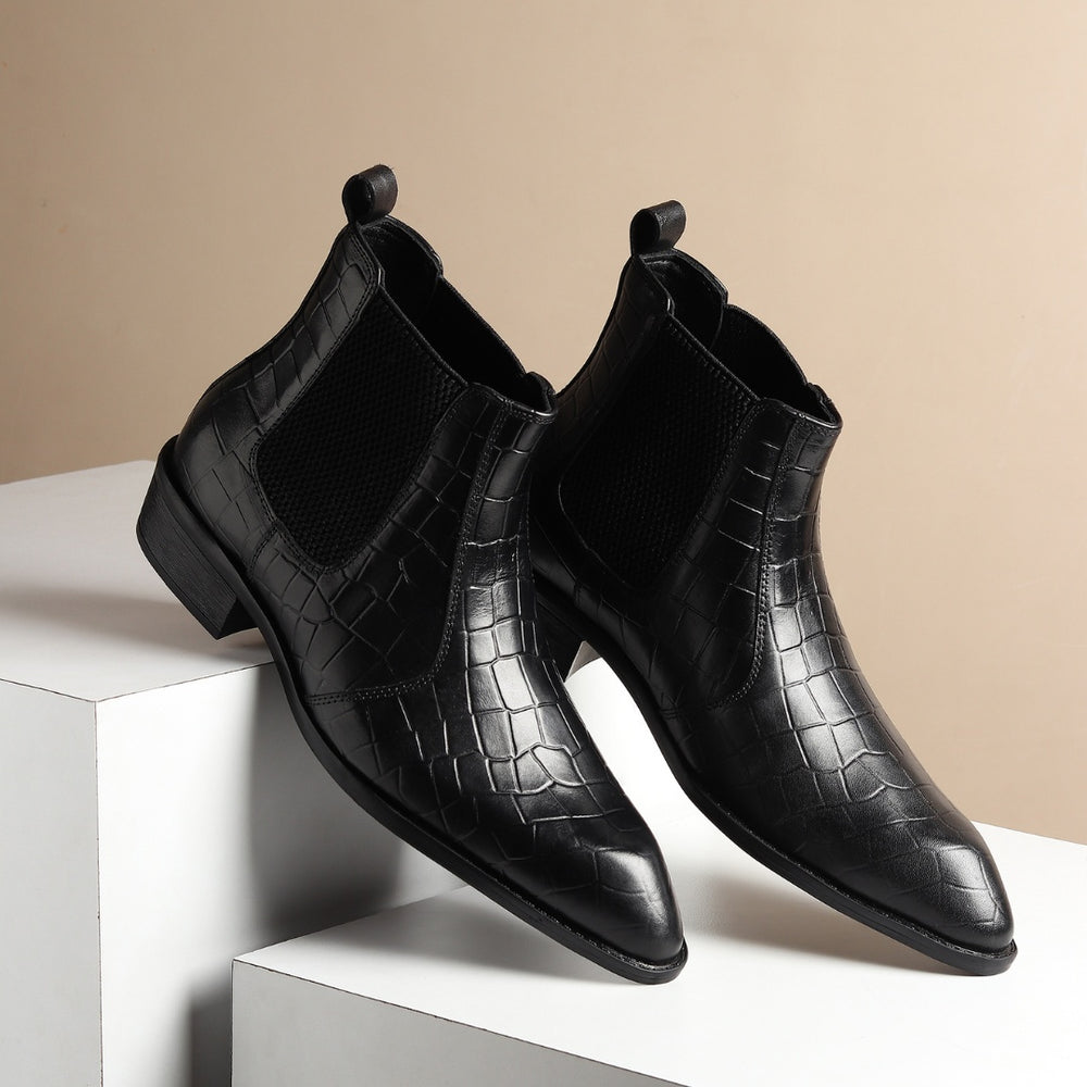 Hayes London | Pablo Cuban Boots – Black Croco-Textured Genuine Leather Men’s Boots (2-Inch Heel & Tapered Toe Design)