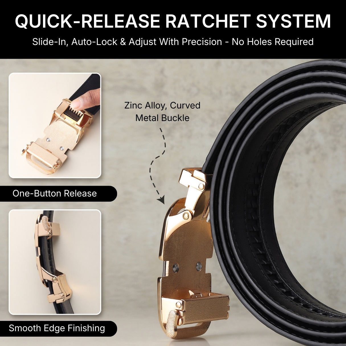 Hayes London | Sparta Auto-Lock No-Hole Genuine Leather Belt for Men – Micro-Adjustable Smart Ratchet Belt for Formal & Business Wear (Textured Black with Gold Buckle)