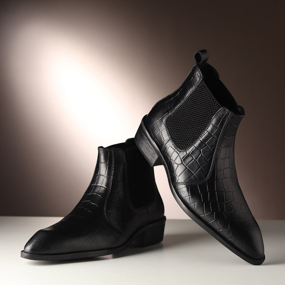 Hayes London | Pablo Cuban Boots – Black Croco-Textured Genuine Leather Men’s Boots (2-Inch Heel & Tapered Toe Design)