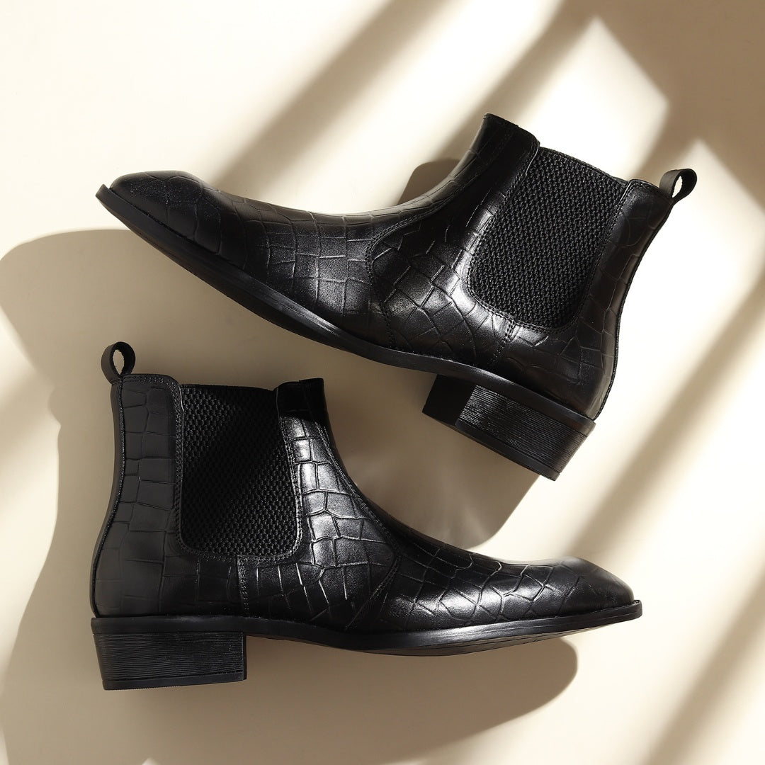 Hayes London | Pablo Cuban Boots – Black Croco-Textured Genuine Leather Men’s Boots (2-Inch Heel & Tapered Toe Design)