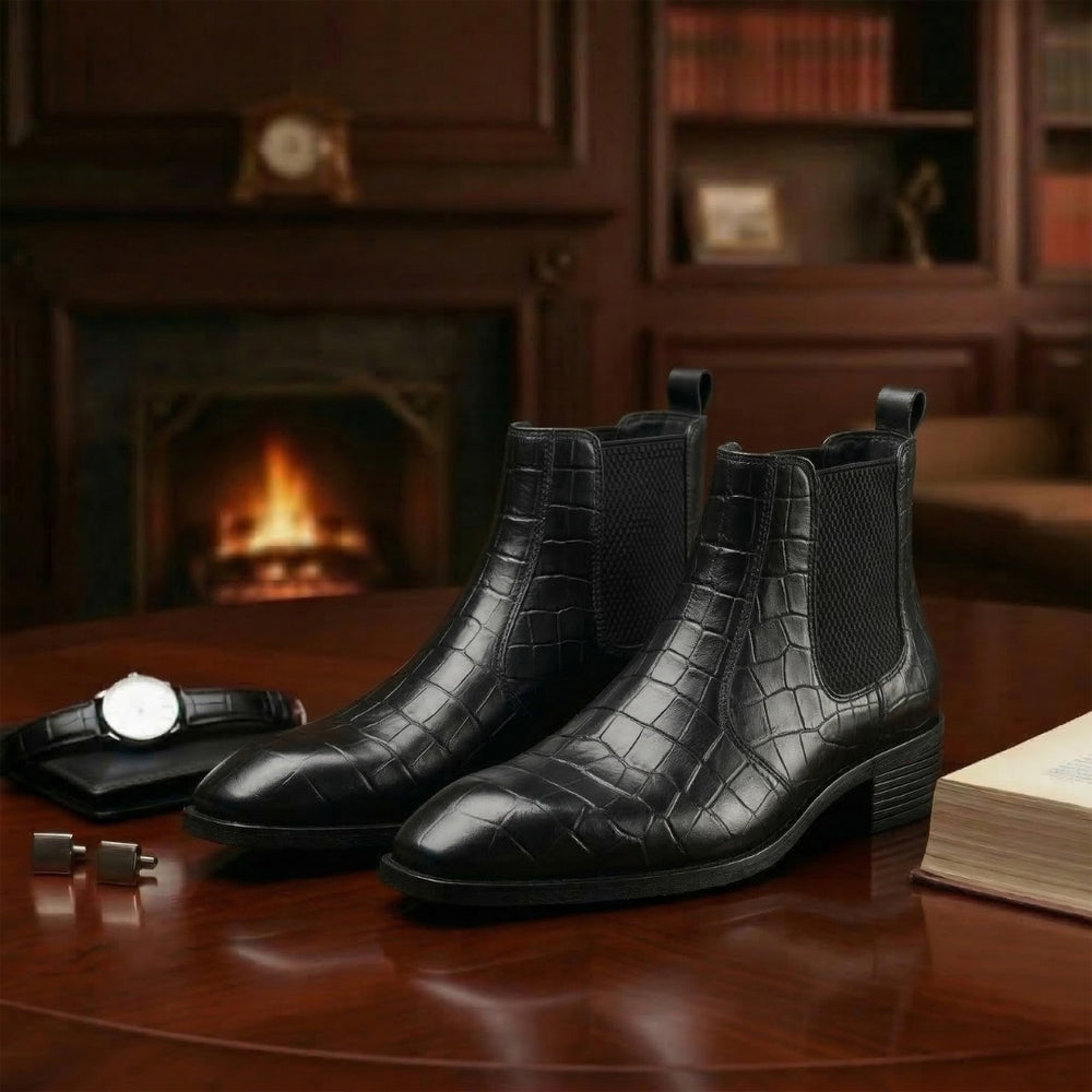 Hayes London | Pablo Cuban Boots – Black Croco-Textured Genuine Leather Men’s Boots (2-Inch Heel & Tapered Toe Design)