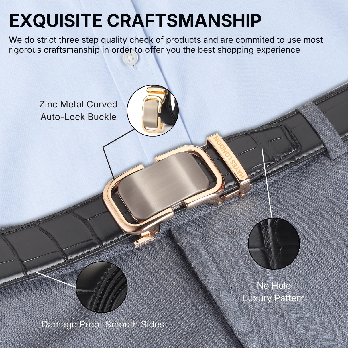 Hayes London | Sparta Auto-Lock No-Hole Genuine Leather Belt for Men – Micro-Adjustable Smart Ratchet Belt for Formal & Business Wear (Textured Black with Gold Buckle)